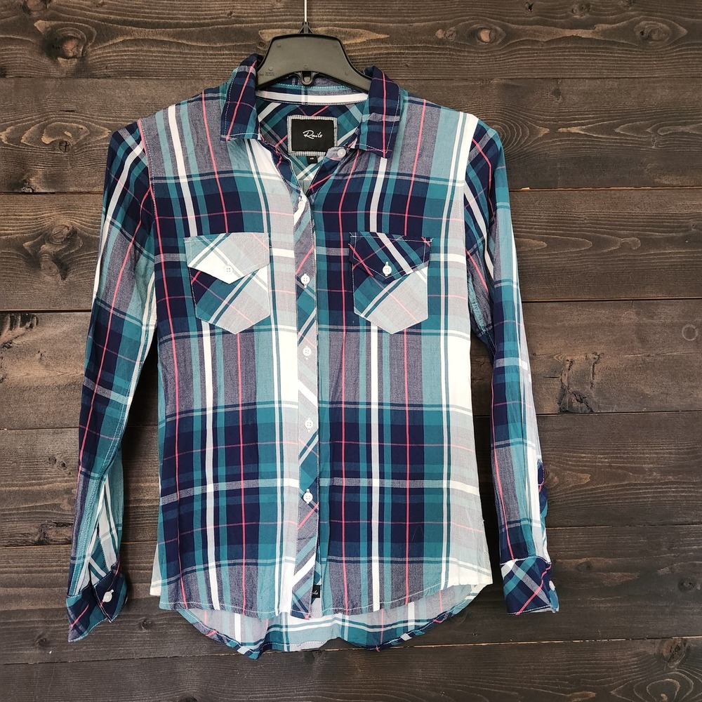 Rails Plaid Button Down Shirt Teal Navy Pink Long Sleeve XS Poplin